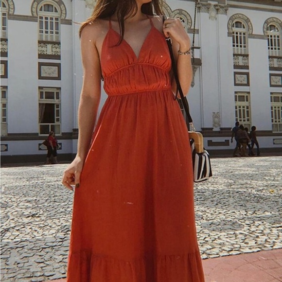 Burnt Orange Cami V-Neck Backless Criss Cross Straps Maxi Dress - Picture 12 of 12